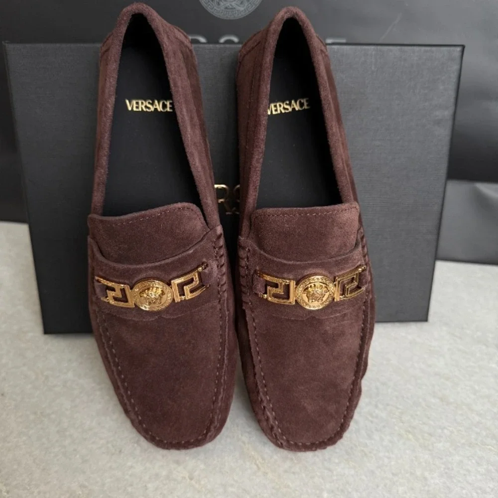 VERSACE 1009707 Medusa Men's Brown Suede Driver‎ Shoes, 40